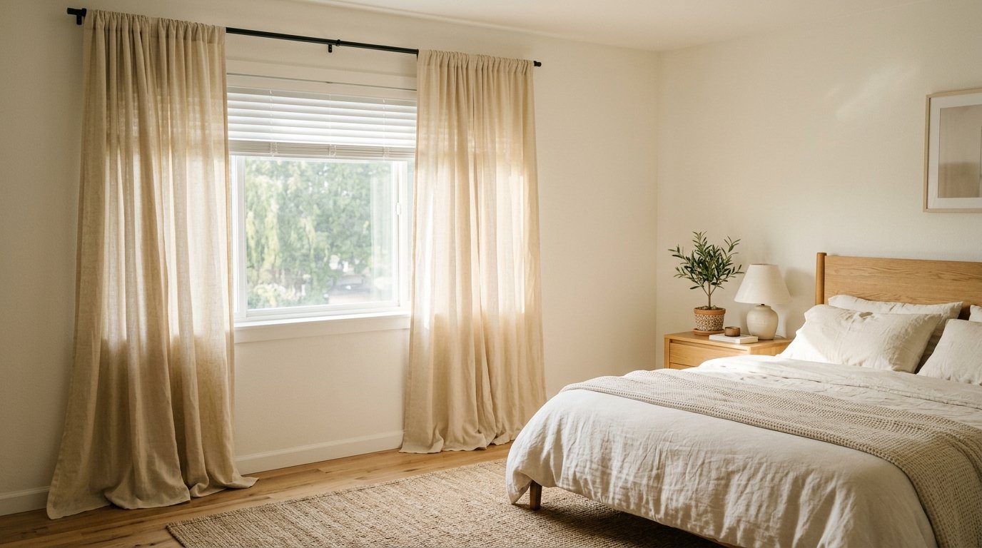 Floor-length ivory linen curtains hung high and wide above a rental bedroom window