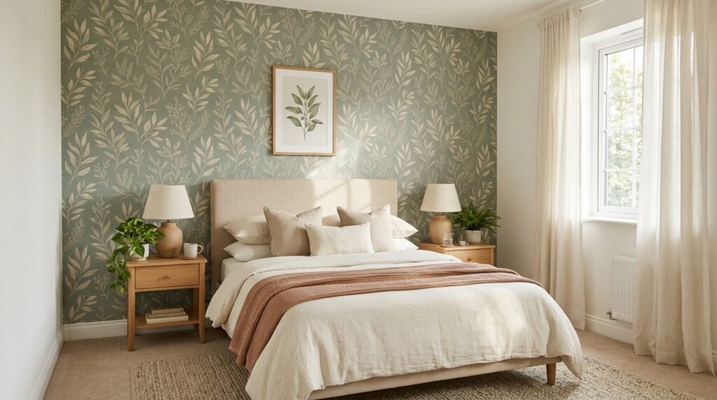 Rental bedroom featuring a focal accent wall with sage green and cream botanical peel-and-stick wallpaper behind the bed