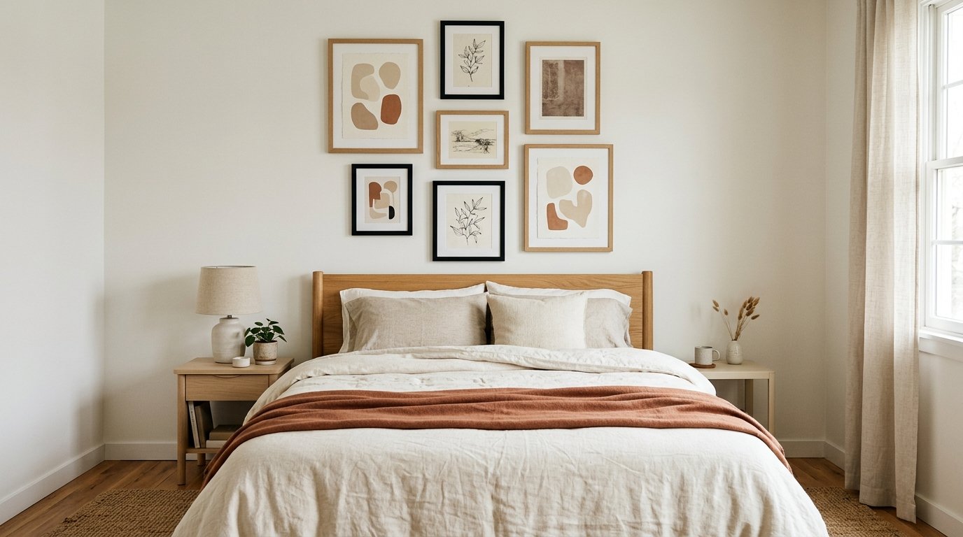 Curated gallery wall of framed botanical and abstract prints hung above a bed with damage-free removable strips