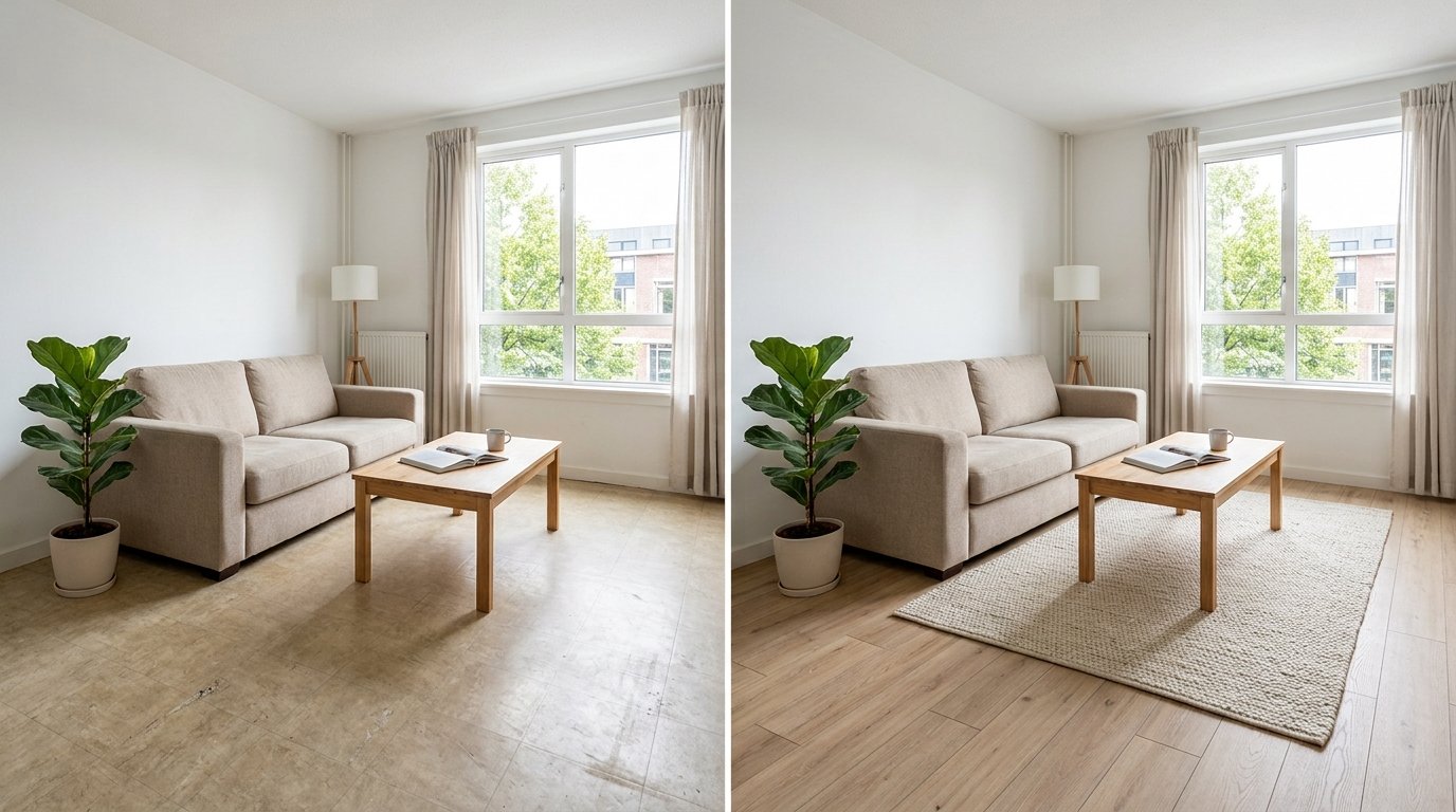 Before and after comparison of outdated vinyl flooring upgraded with temporary light oak faux wood planks