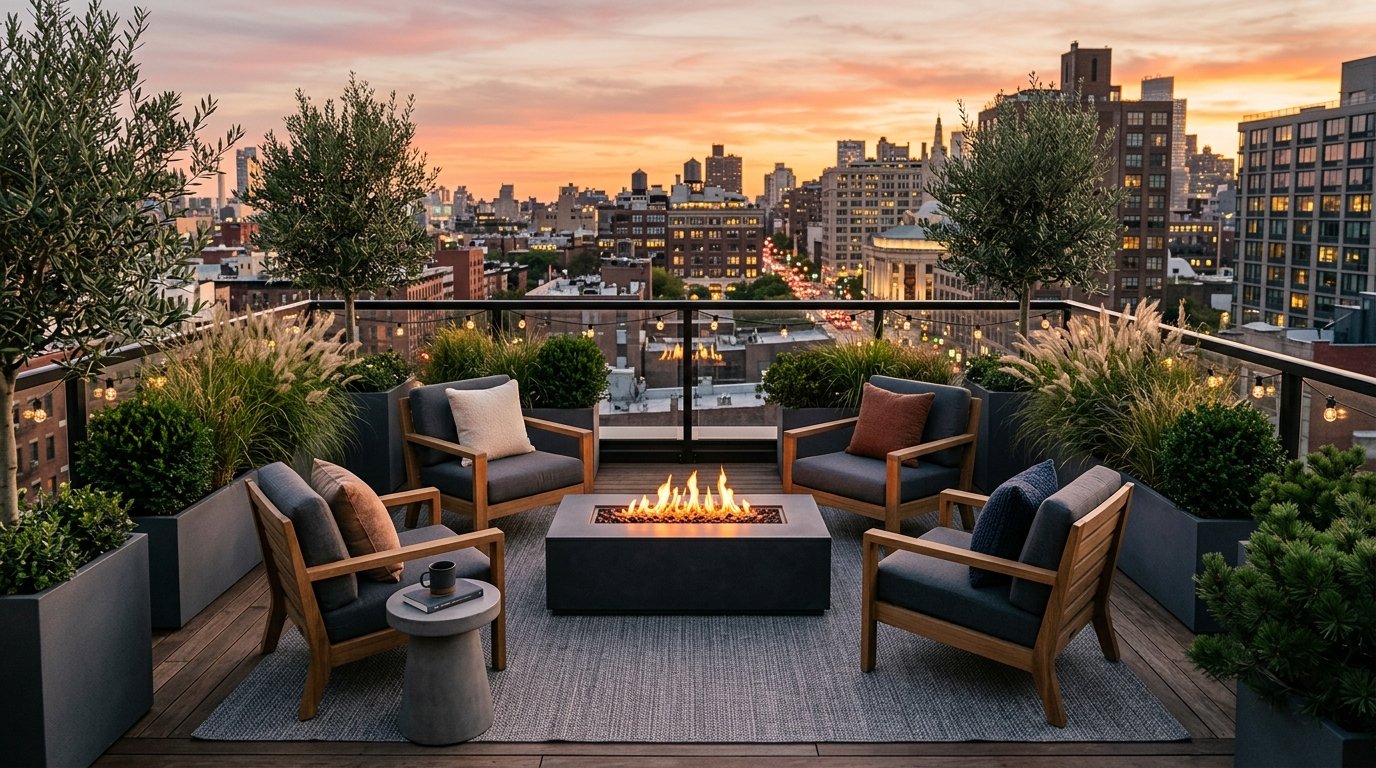 Urban rooftop terrace lounge centered around a rectangular gas fire table with city skyline views at sunset