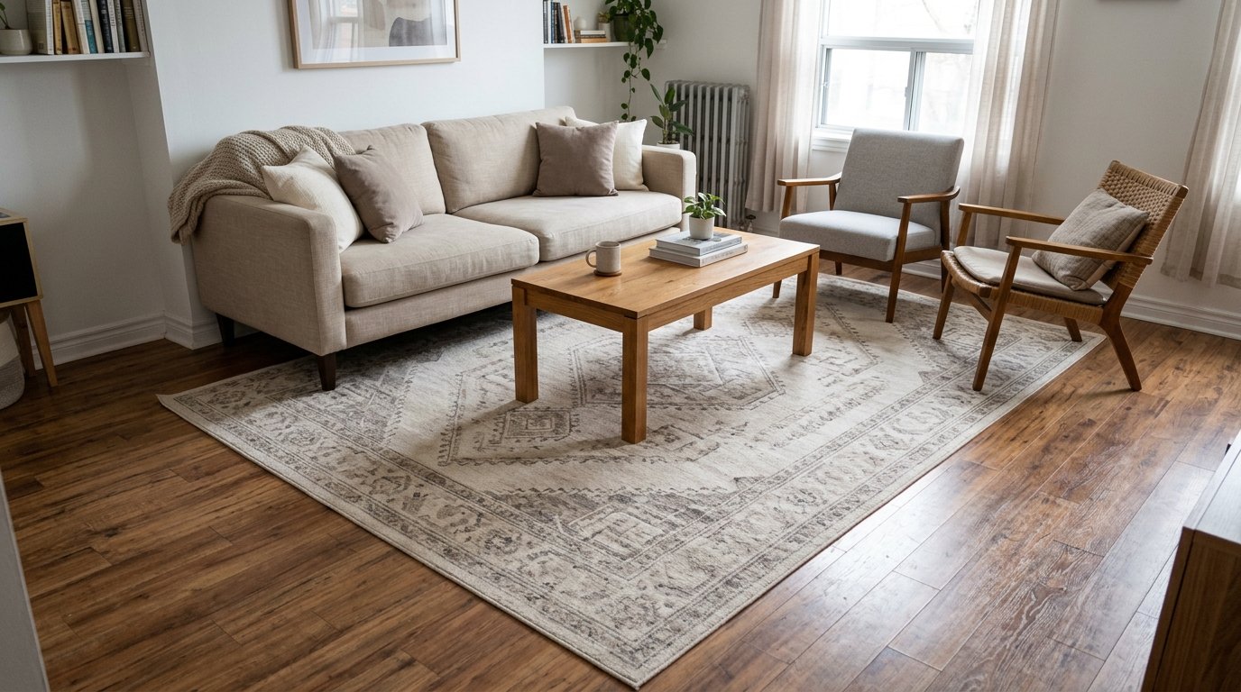 Large neutral geometric area rug strategically positioned beneath living room furniture to cover damaged flooring