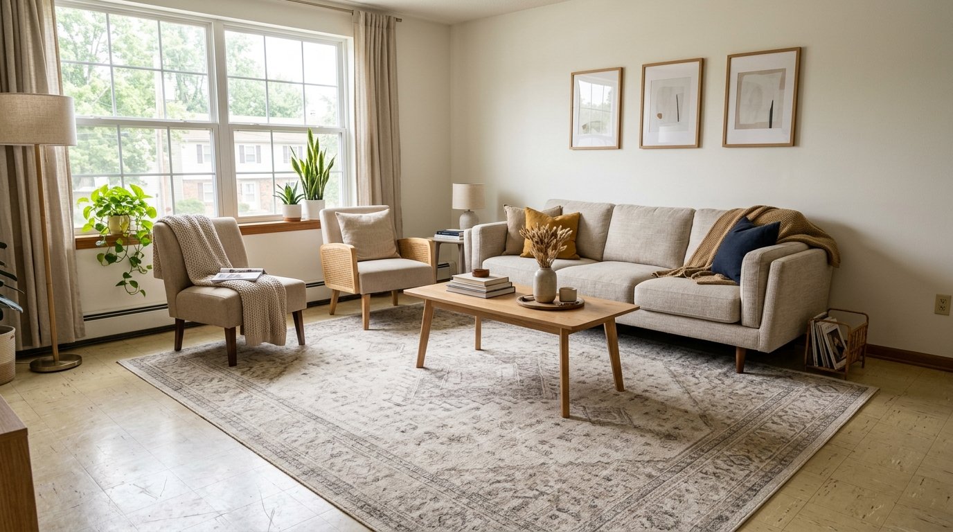 Large neutral vintage area rug covering outdated vinyl flooring in a bright rental living room