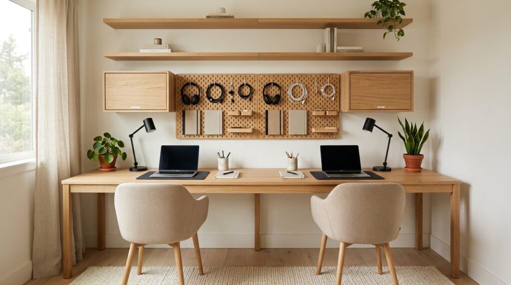 Organized two-person home office with a central pegboard, wall-mounted cabinets, and floating shelves for vertical storage