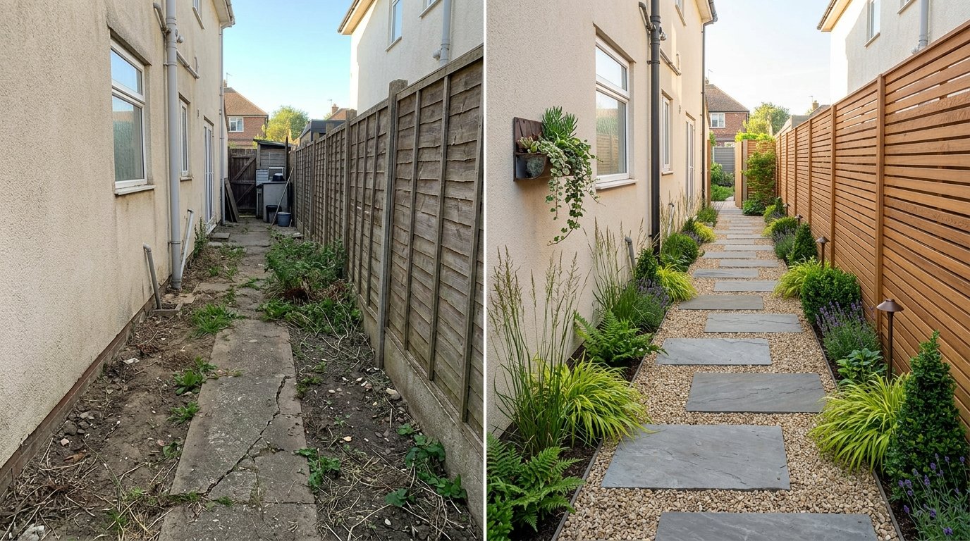 Before and after makeover of a narrow cluttered side passage transformed into a beautiful stepping stone gravel garden path