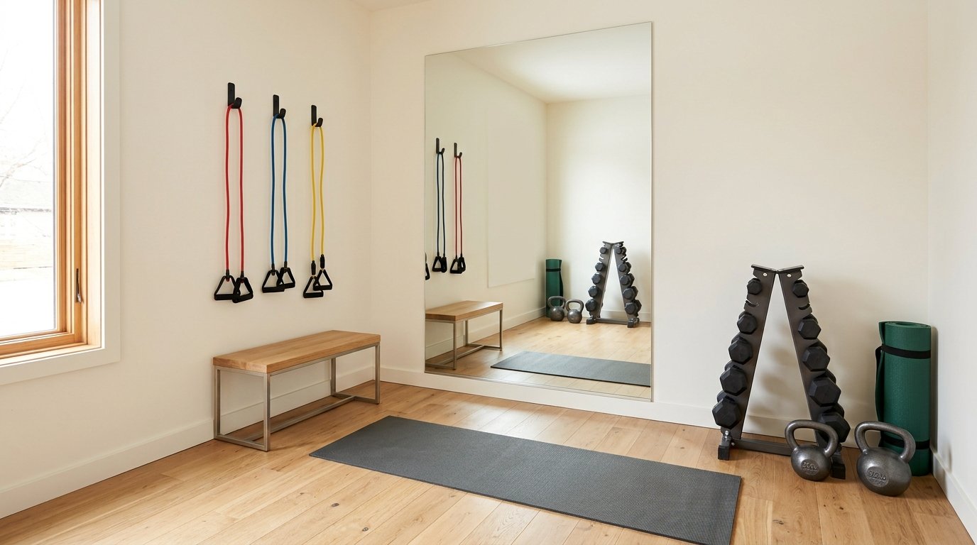Minimalist home workout room featuring a large frameless full-length mirror, dumbbell tower, and exercise mat