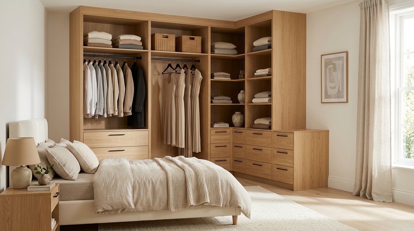 L-shaped natural oak corner closet system with eight built-in drawers and hanging rails