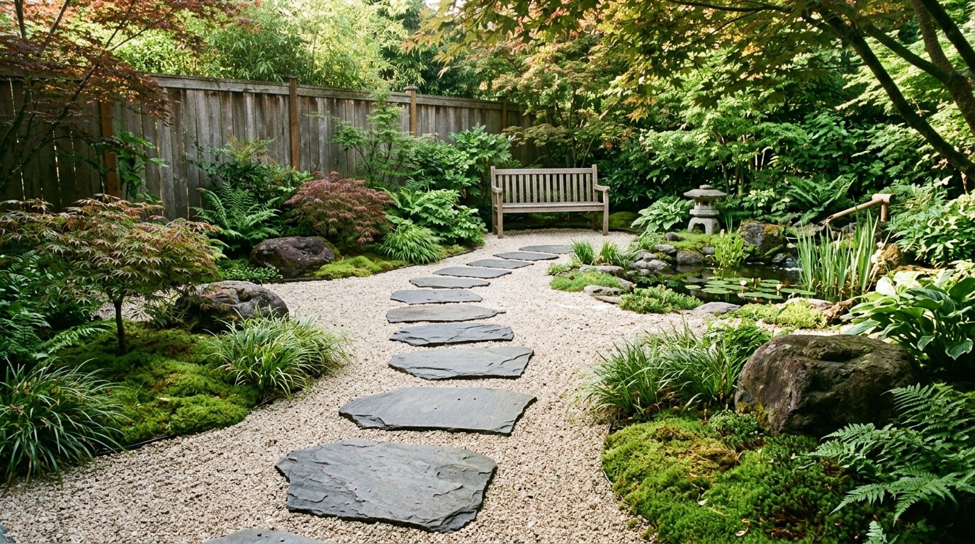 Curving natural slate stepping stone pathway winding through fine gravel, moss beds, and lush garden greenery to a wooden bench