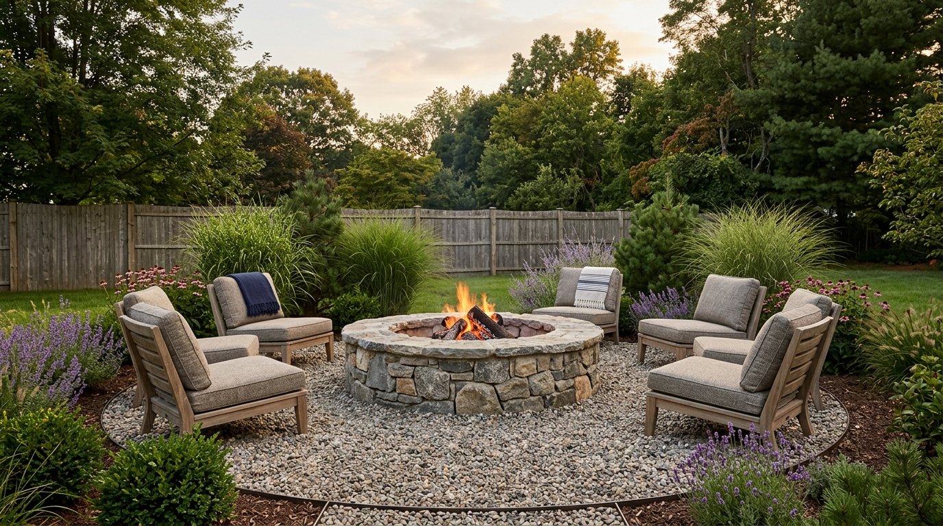 Substantial circular stacked stone fire pit built into a pea gravel patio surrounded by low-profile outdoor armchairs