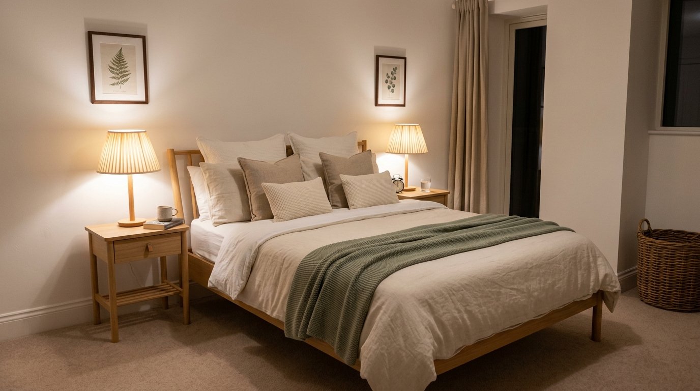 Bedside table lamps updated with pleated warm cream linen lampshades for soft evening ambiance
