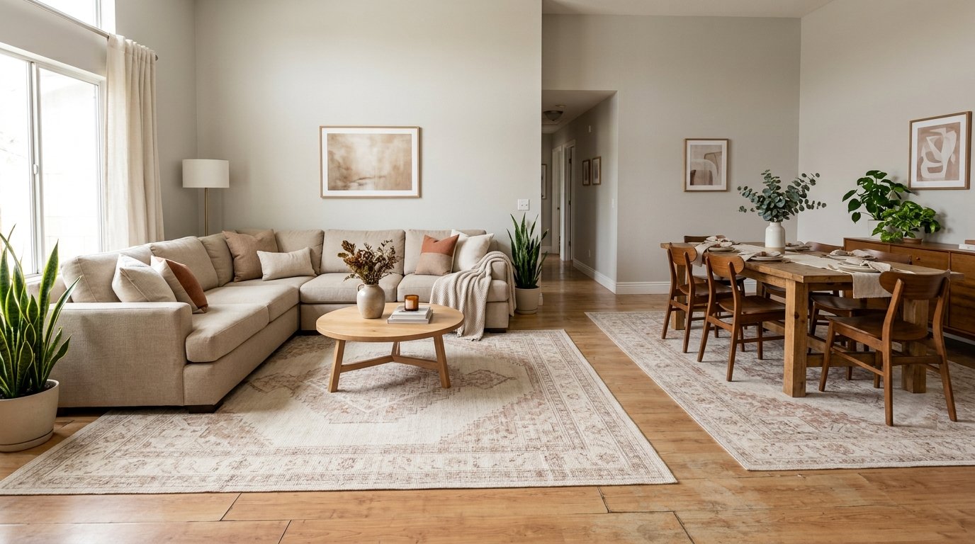 Two large coordinating neutral area rugs defining the living and dining zones in an open-concept rental