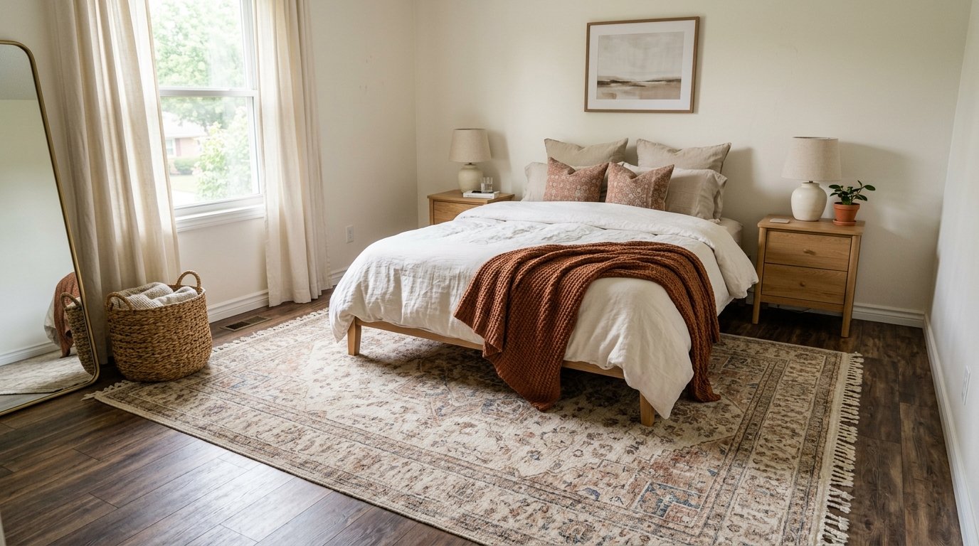 Large vintage-inspired area rug covering dark laminate rental flooring beneath a queen bed