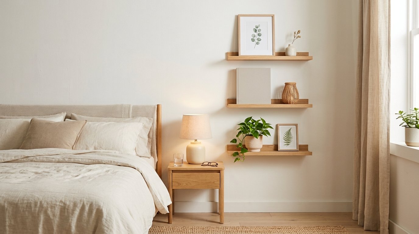 Three natural oak floating ledge shelves with framed prints, plants, and books hung using damage-free hardware