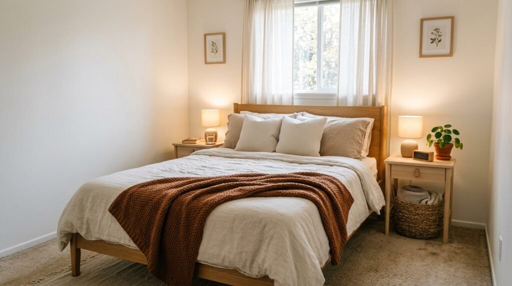Cozy rental bedroom featuring layered neutral linen bedding with textured pillows and a rust-colored knit throw