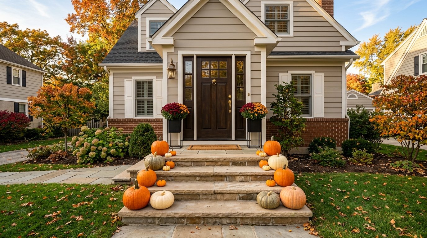 Wide stone front porch steps lined along the edges with an assortment of colorful pumpkins leaving the walkway clear