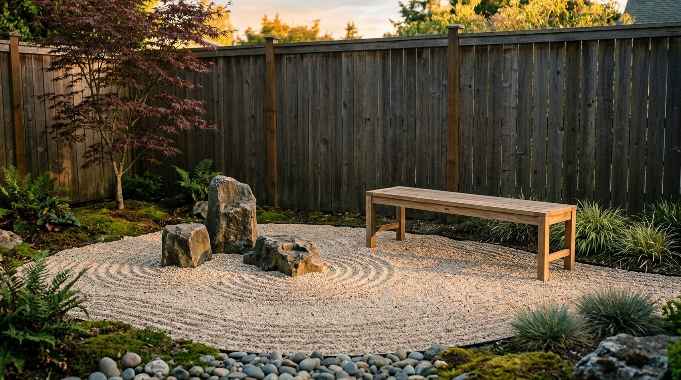 Minimalist natural teak garden bench overlooking an asymmetrical basalt rock grouping and raked gravel ripples