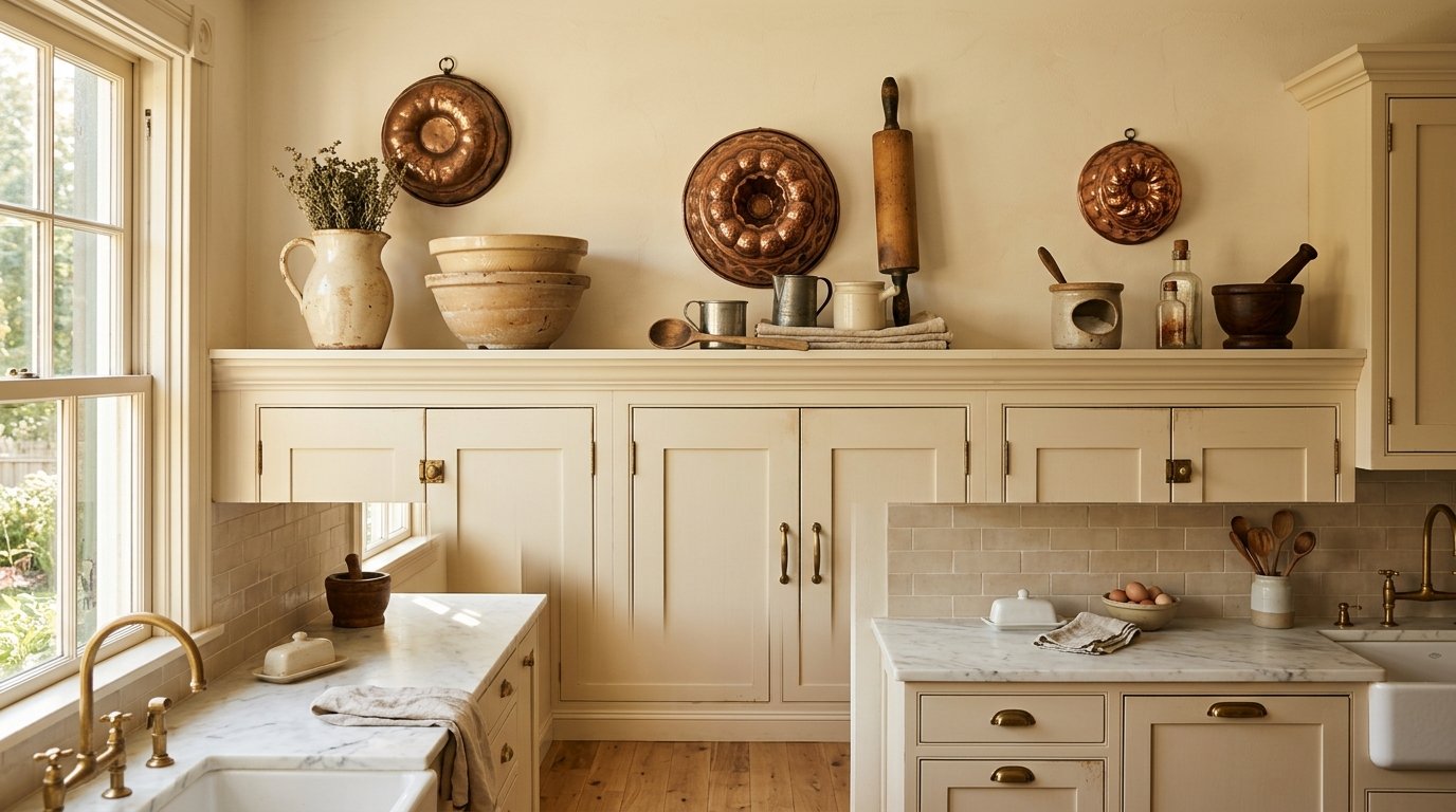 Traditional kitchen with antique copper bundt molds, stoneware mixing bowls, and vintage wooden utensils displayed above cabinets