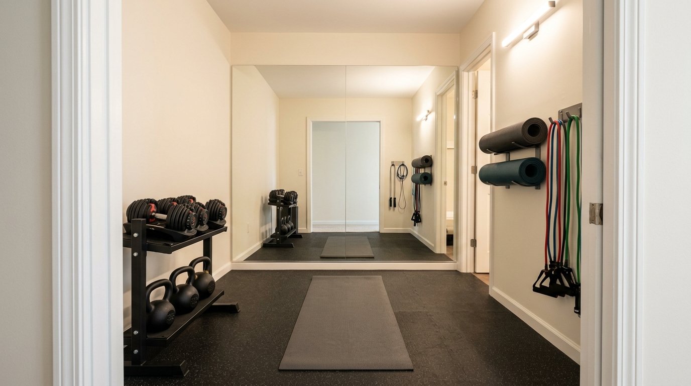Walk-in closet converted into a mini home gym with a wall-to-wall mirror, rubber flooring, and compact weight storage