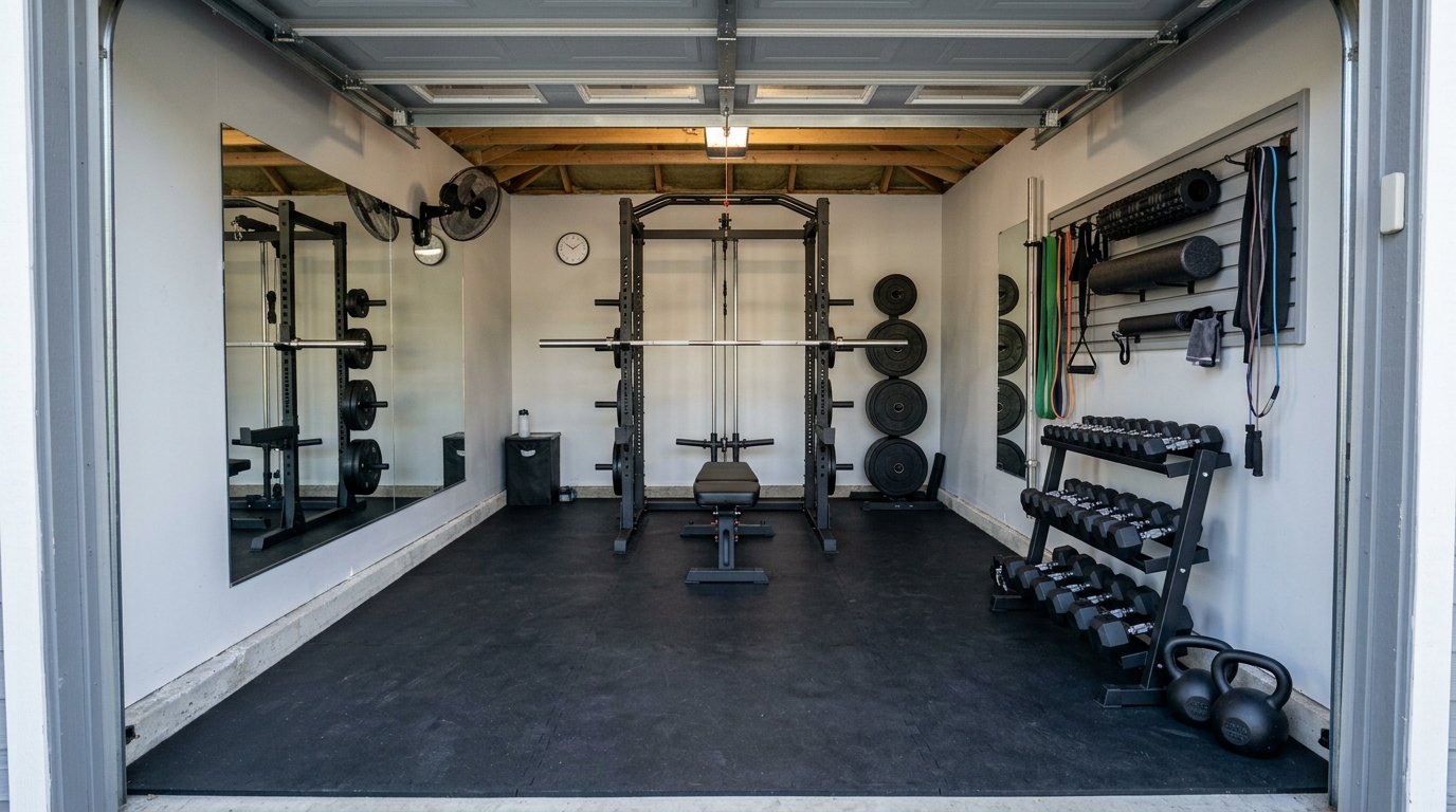 Residential garage transformed into a dedicated home gym with a power rack, barbell plates, and rubber flooring