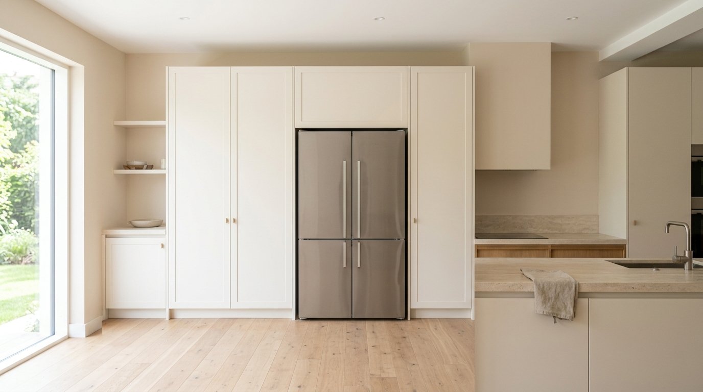Modern stainless steel refrigerator kept clean and mostly empty with only a single subtle ceramic vase in the corner