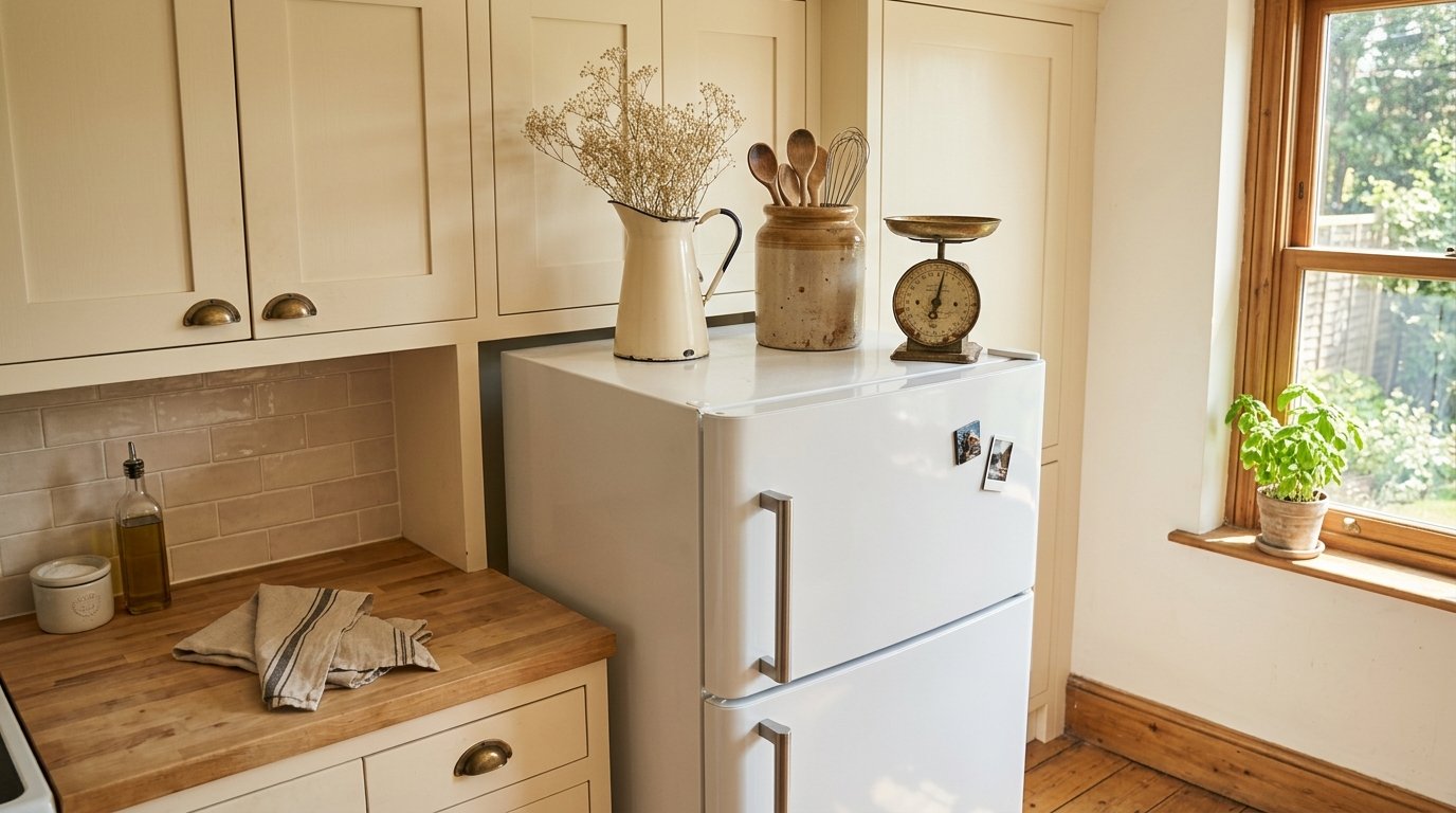 Top of a white refrigerator decorated with vintage kitchenware including an enamel pitcher, ceramic crock, and antique scale