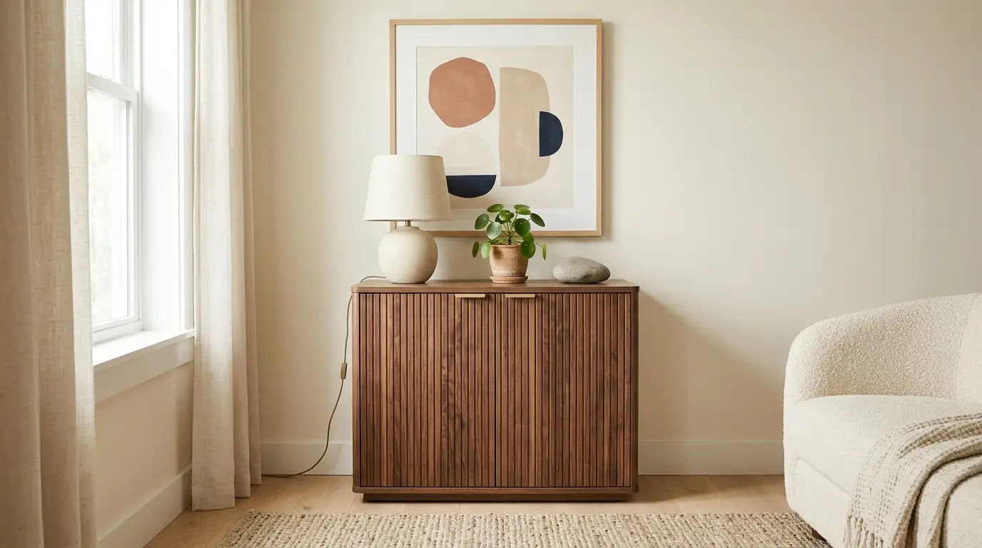 Compact fluted walnut storage cabinet with table lamp, plant, and framed artwork above it