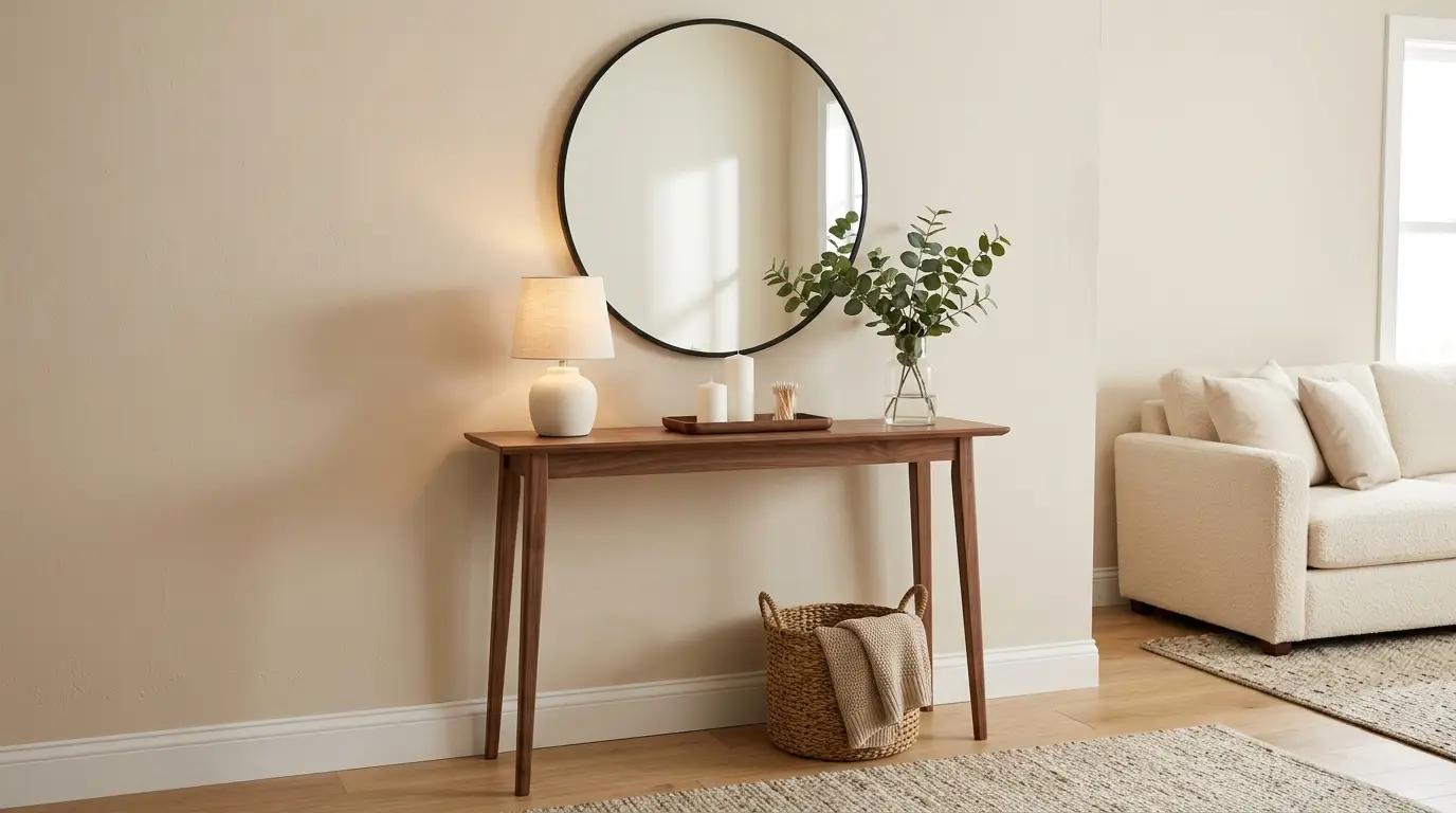 Narrow walnut console table with a round black mirror, lamp, and decorative tray in a living room corner