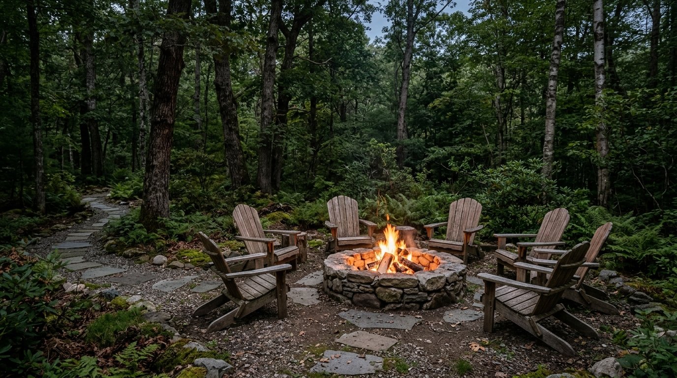 Rustic circular stone fire pit nestled in a clearing surrounded by tall forest trees, ferns, and stone paths
