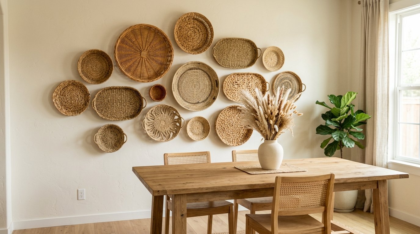 Dining room feature wall decorated with an asymmetrical curated collection of fifteen shallow woven natural fiber baskets