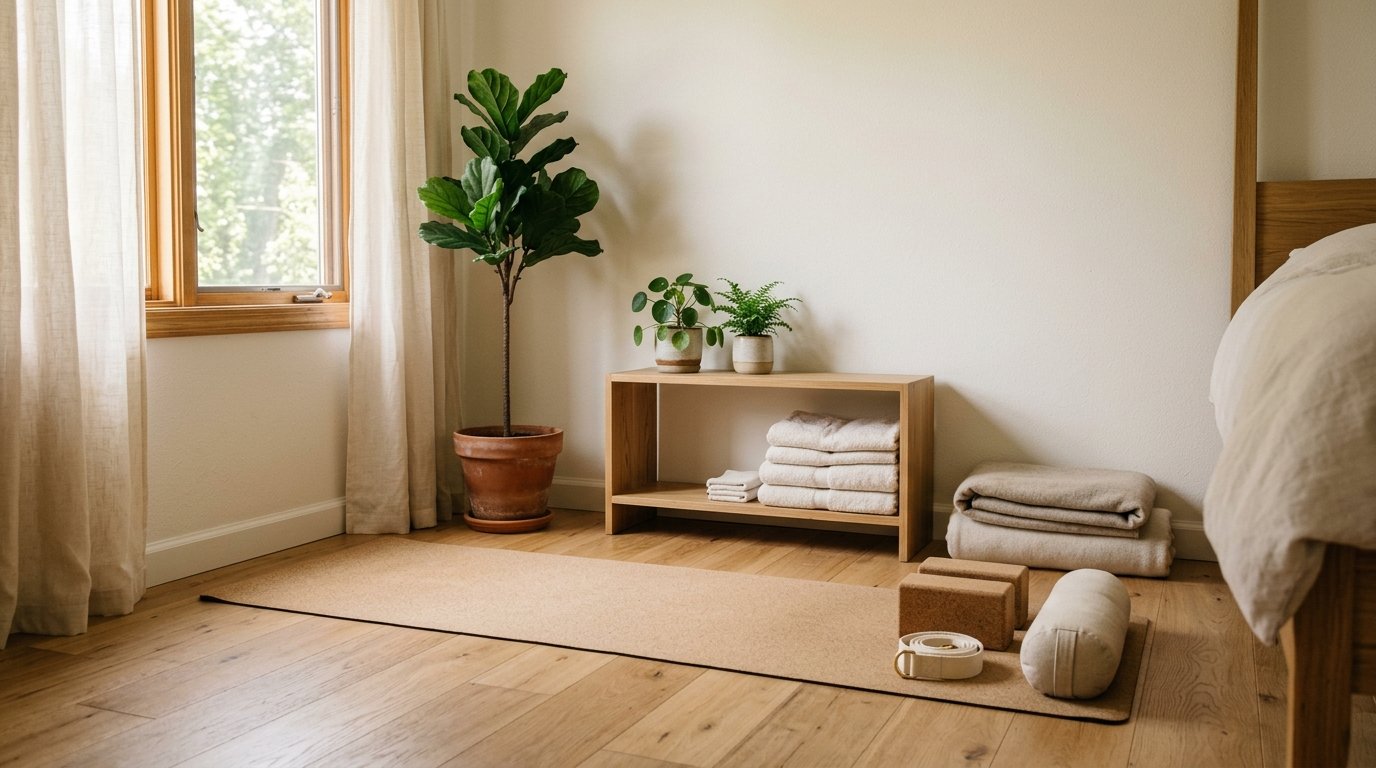 Peaceful home yoga and stretching space with a cork mat, yoga blocks, bolster, and natural wood storage shelf near a bright window