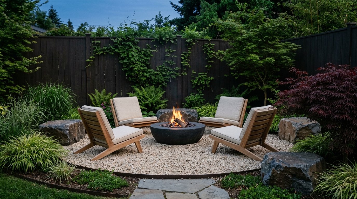 Modern outdoor Zen lounge area with a minimalist dark stone fire bowl, low teak chairs, and gravel patio surrounded by lush landscaping