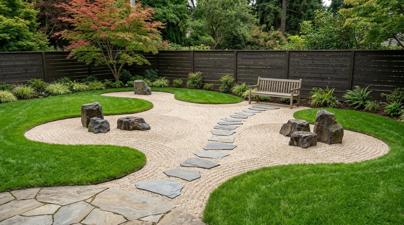 Contemporary backyard landscape combining organic curved lush green lawn islands with raked gravel beds and rock clusters