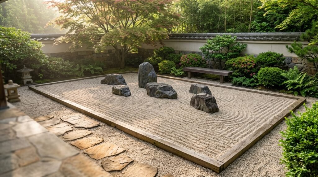 Traditional rectangular karesansui Zen garden featuring fine raked gravel with wave patterns and natural granite rock arrangements
