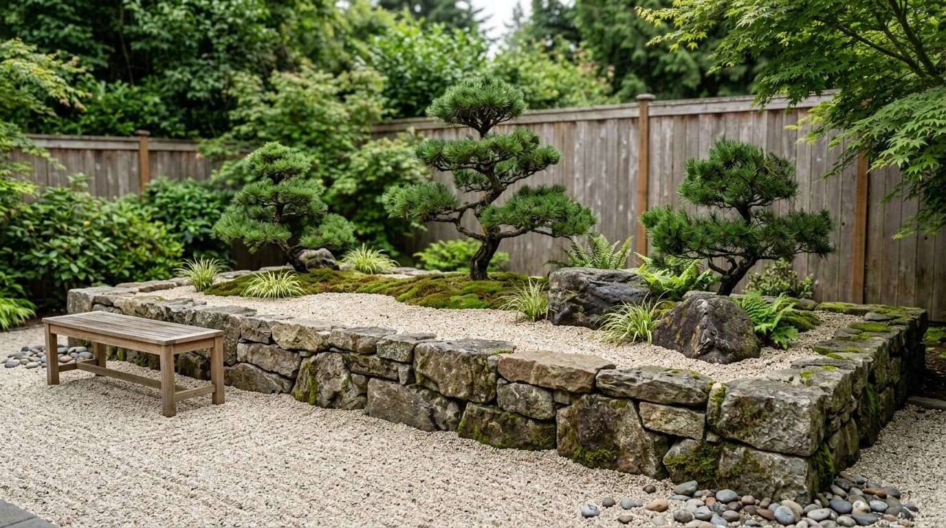 Raised stone retaining wall garden bed planted with sculpted pine bonsai trees, moss, and fine gravel