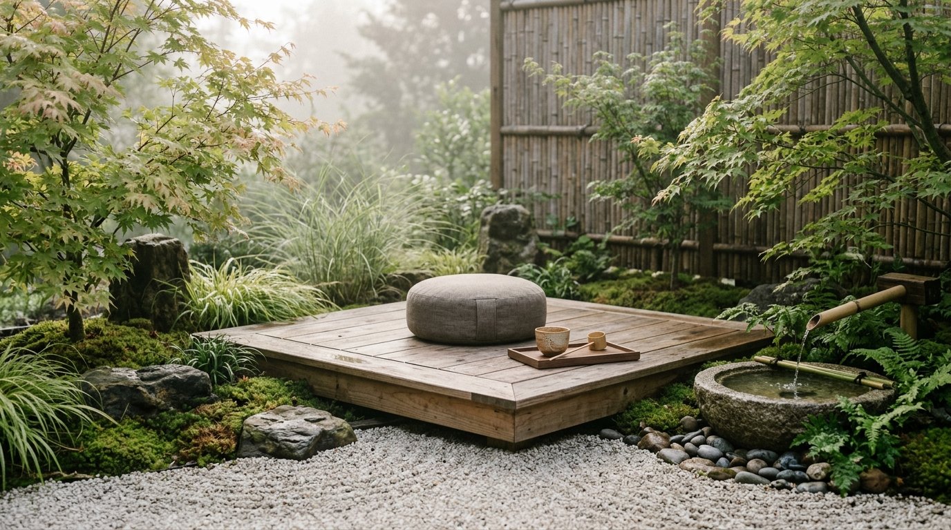 Peaceful backyard meditation corner with a low cedar platform, meditation zafu cushion, stone basin, and bamboo water spout