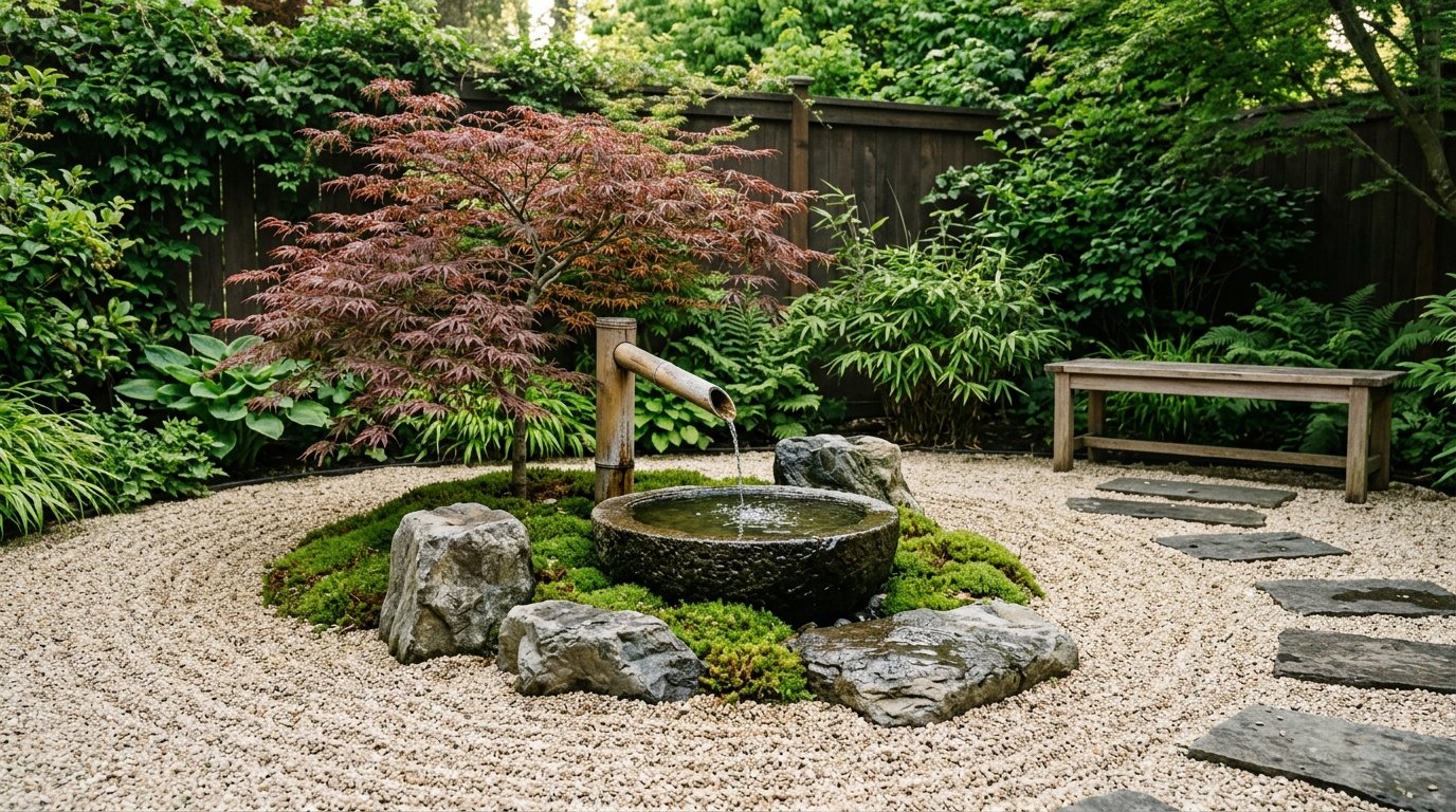 Traditional bamboo water fountain flowing gently into a dark stone basin surrounded by moss, river stones, and a Japanese maple