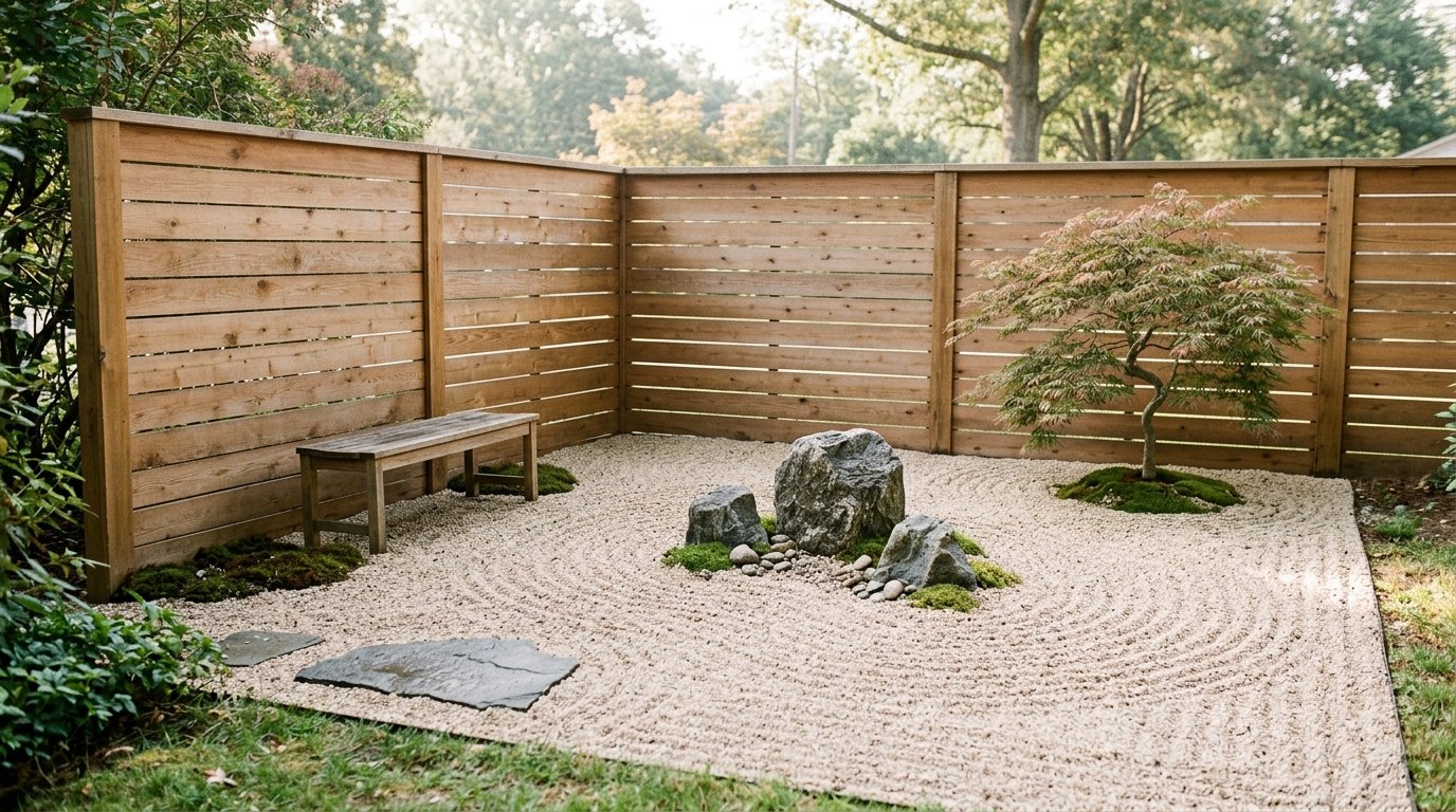 Compact corner Zen garden design featuring a wooden privacy fence, a small Japanese maple, a wooden bench, and raked gravel