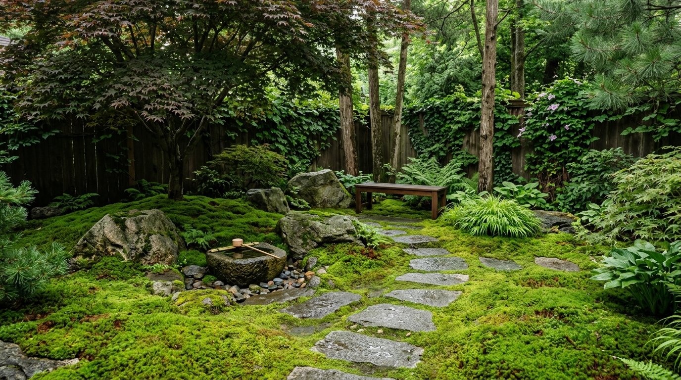 Serene shaded Japanese moss garden with a rustic stone water basin, moss mounds, granite rocks, and slate stepping stones