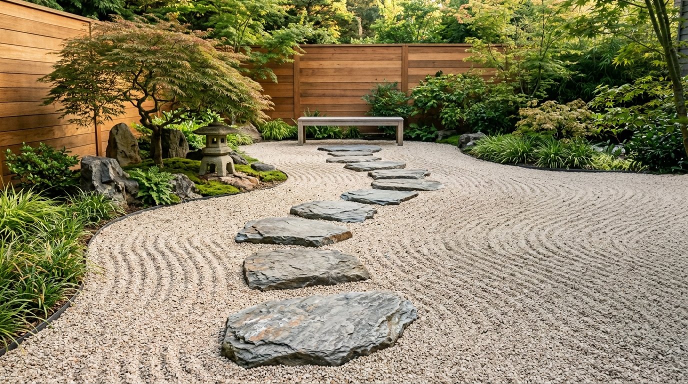Meandering path of flat natural slate stepping stones cutting through concentric raked gravel wave patterns toward a Japanese maple and lantern