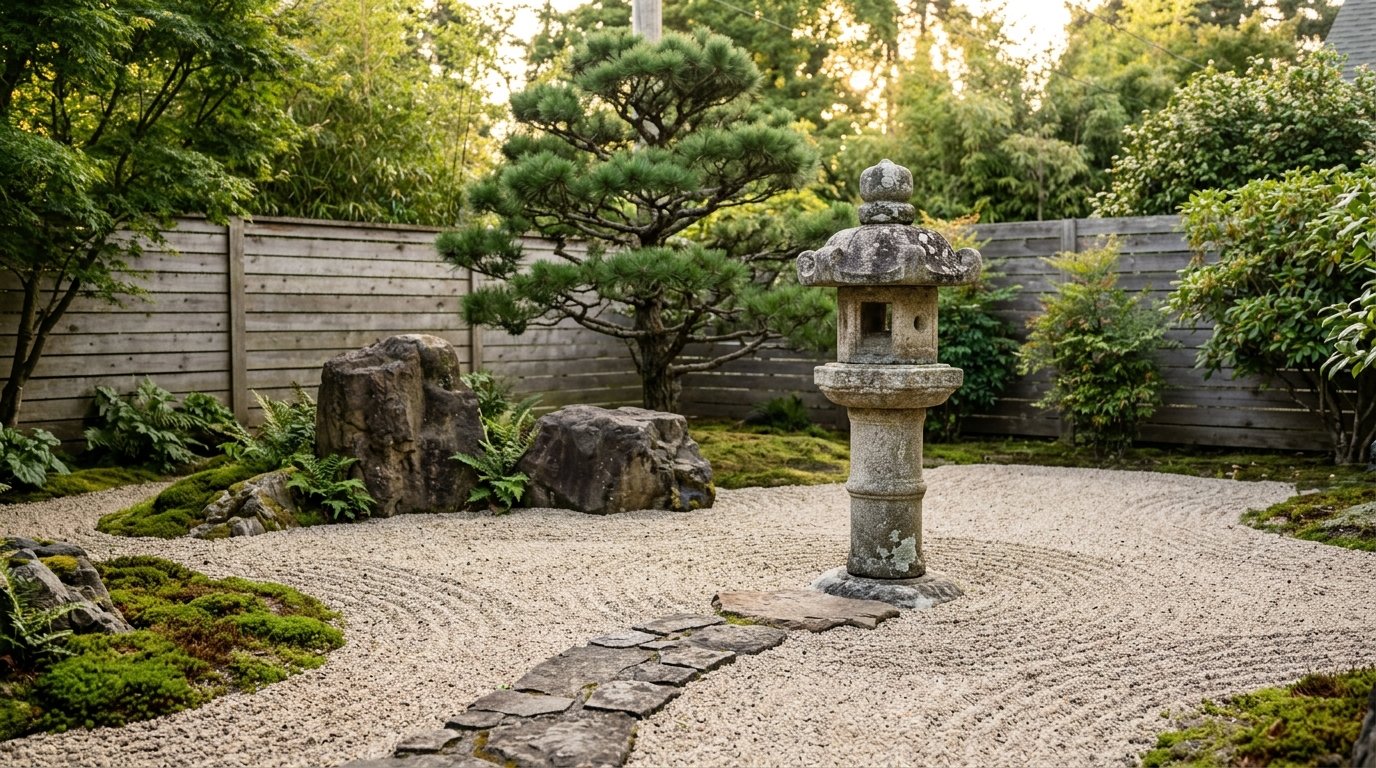 Traditional weathered granite Japanese stone lantern placed amidst raked gravel, mossy rocks, and a sculpted black pine