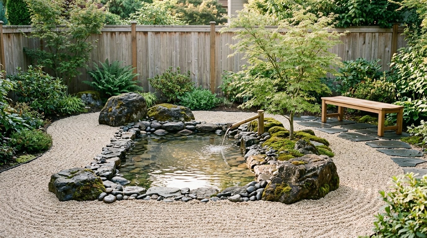 Compact natural stone water pond with a bamboo spout surrounded by raked pea gravel and mossy rock borders