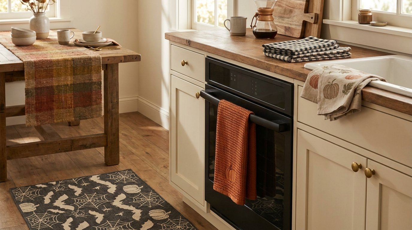 Kitchen oven handle and counter styled with burnt orange waffle dish towels, gingham napkins, and a black spiderweb floor mat