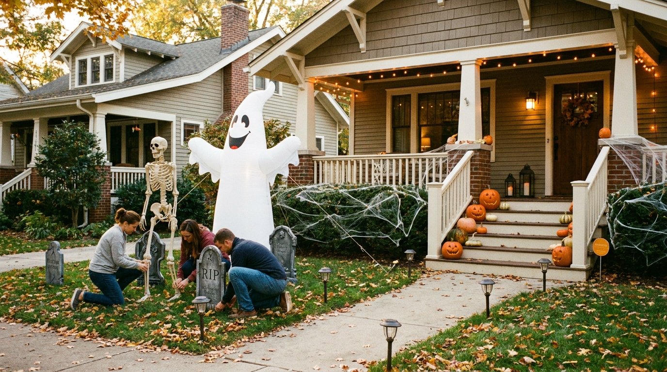 Family in front yard staking down a giant inflatable ghost, setting up foam tombstones, and posing a full-sized skeleton near the porch