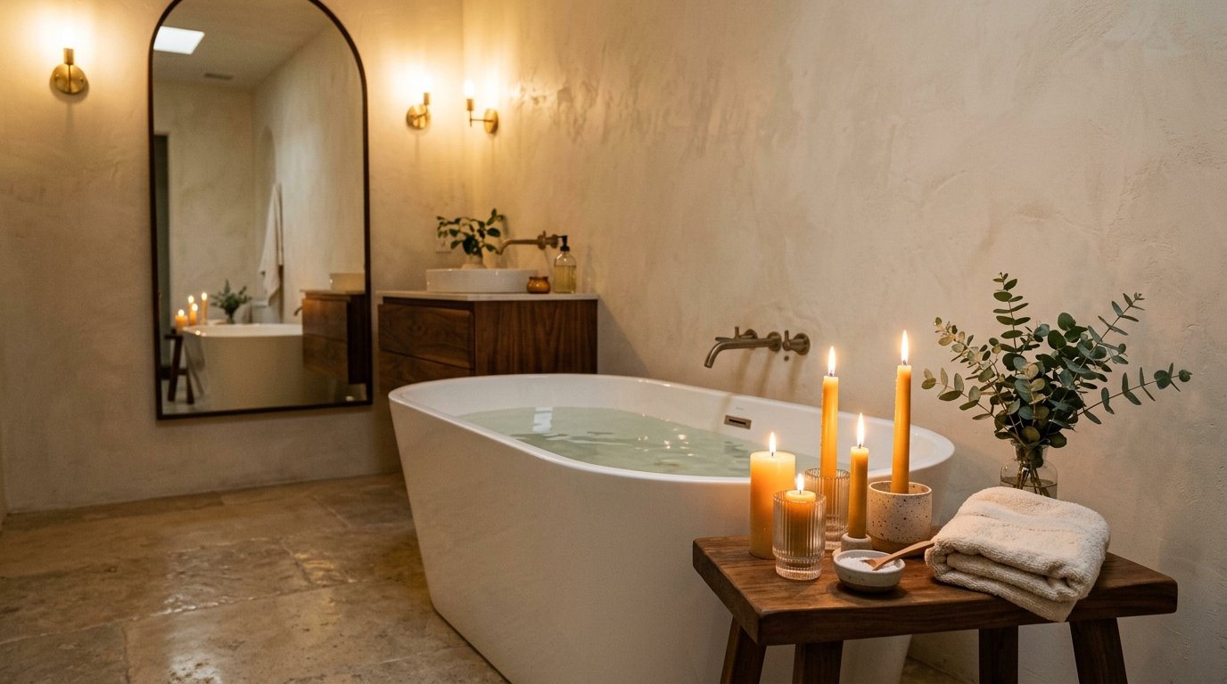 Warm bathroom atmosphere with glowing pillar and taper candles arranged on a wooden side table next to a soaking tub