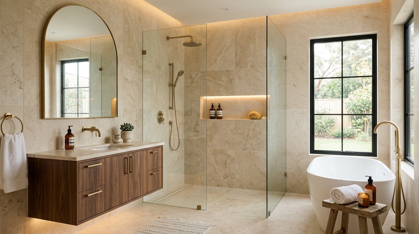 Bathroom with continuous floor-to-ceiling beige limestone wall tiles enclosing a walk-in shower and floating vanity