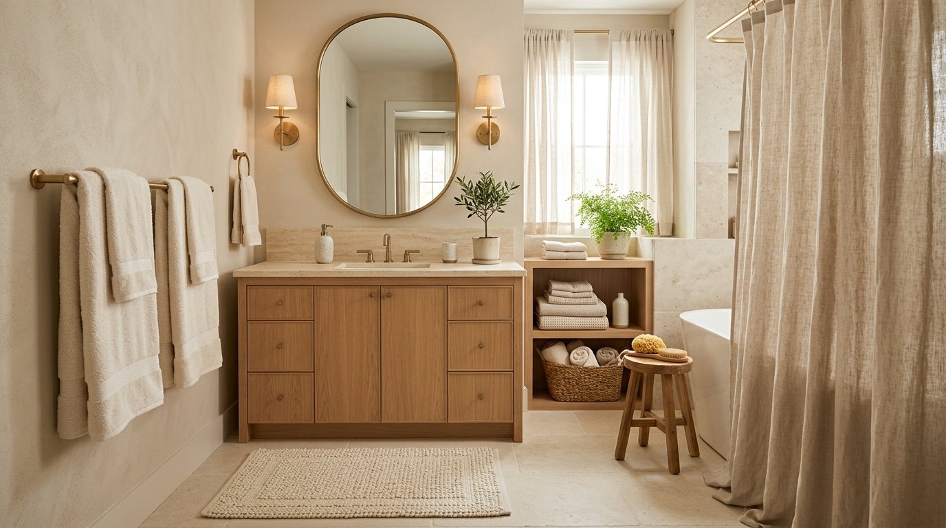 Neutral bathroom styled with floor-to-ceiling linen curtains, thick waffle-knit towels, and a textured runner rug