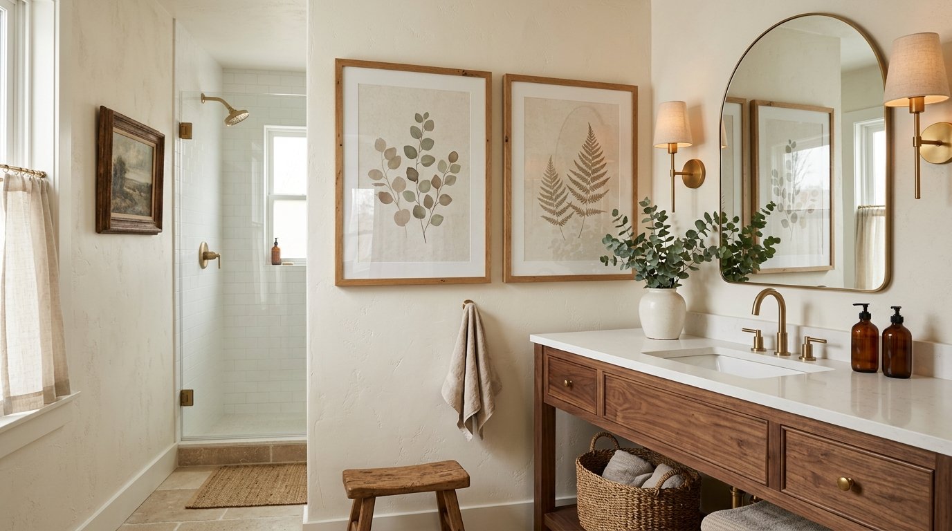Bathroom vanity wall accented by a pair of large wood-framed botanical art prints depicting pressed fern leaves