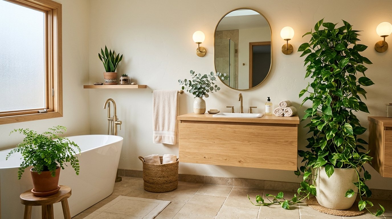 Warm neutral bathroom enlivened by lush potted plants including a tall climbing pothos, fern, and eucalyptus