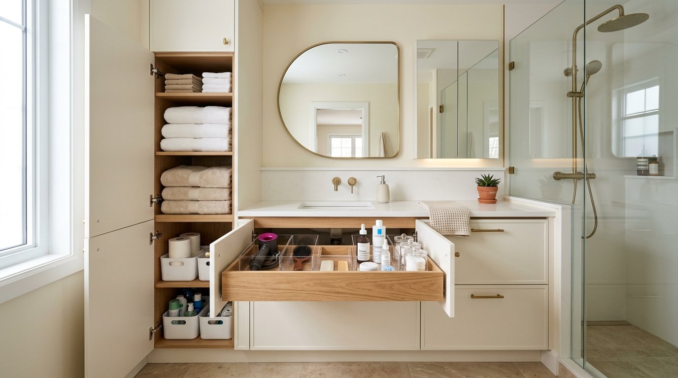 Organized bathroom storage featuring open floor-to-ceiling white cabinetry with neatly stacked towels and woven storage bins