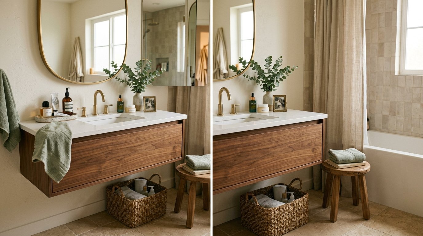 Floating wood bathroom vanity personalized with small framed photos, amber glass skincare bottles, and eucalyptus